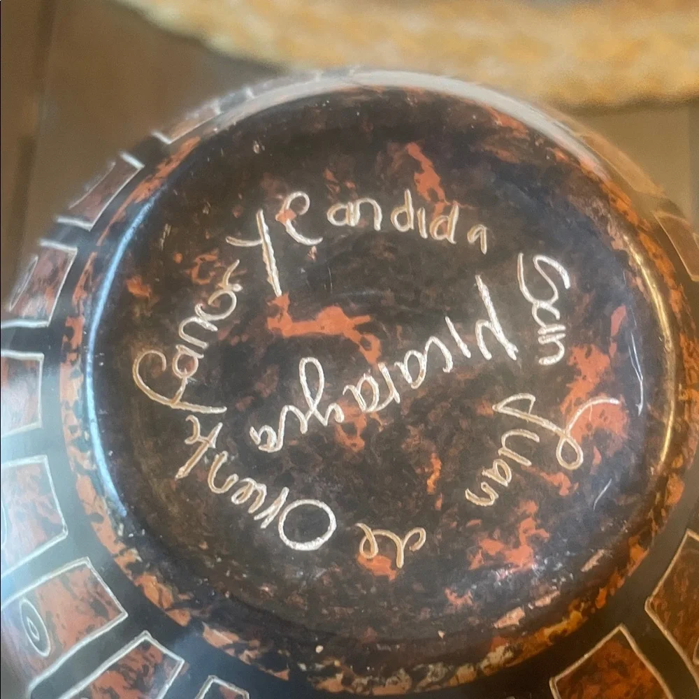 Hand-Painted signed Nicaraguan Orange and Black Decorative Ceramic Vase